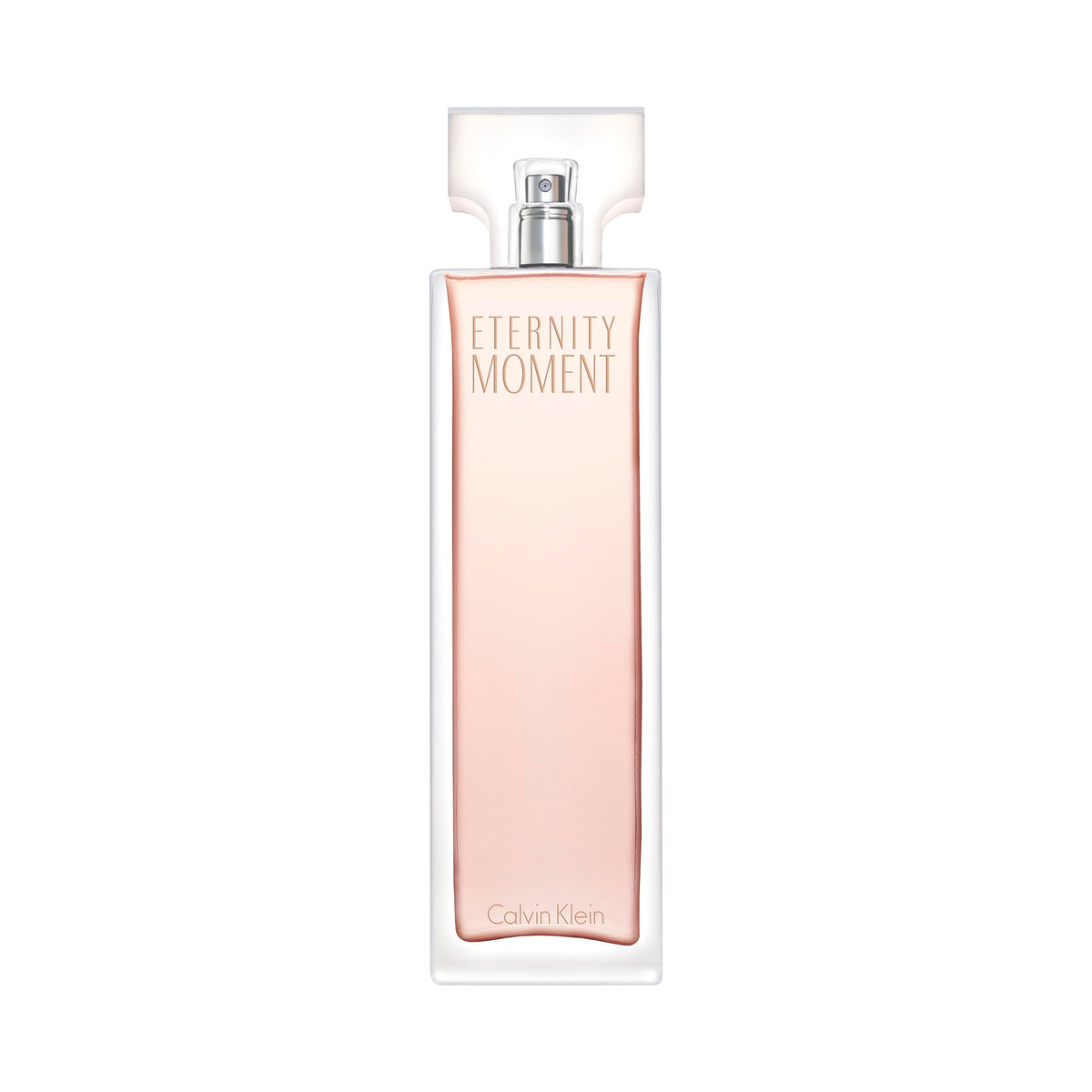 Calvin Klein Eternity Moment perfume bottle with light pink liquid and clear rectangular cap