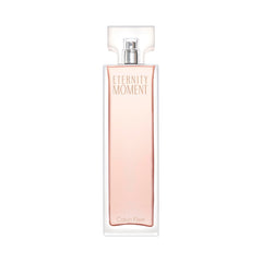 Calvin Klein Eternity Moment perfume bottle with light pink liquid and clear rectangular cap