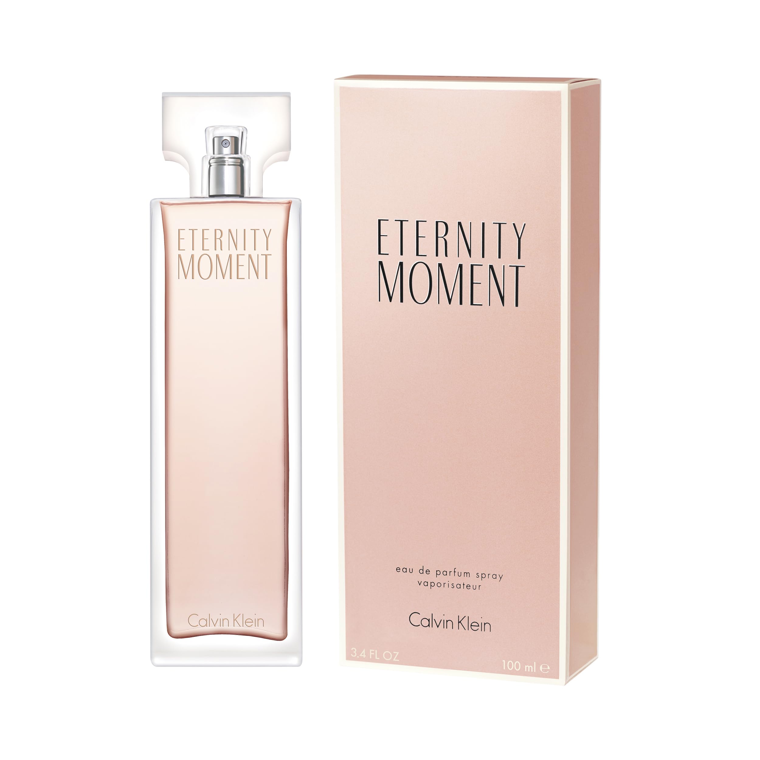 Calvin Klein Eternity Moment perfume bottle and pink box packaging by Mumzar