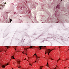 Pink peonies, purple fragrance smoke, and fresh raspberries representing Calvin Klein Eternity Moment perfume scent