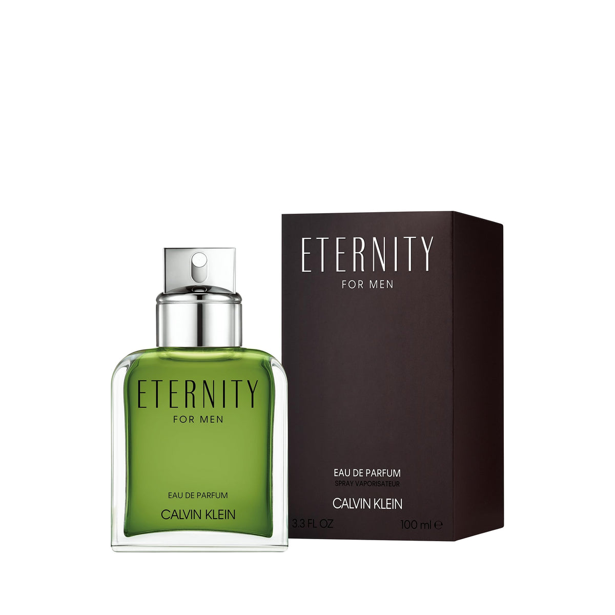 Calvin Klein Eternity perfume for men in a green bottle with a sleek design and elegant packaging