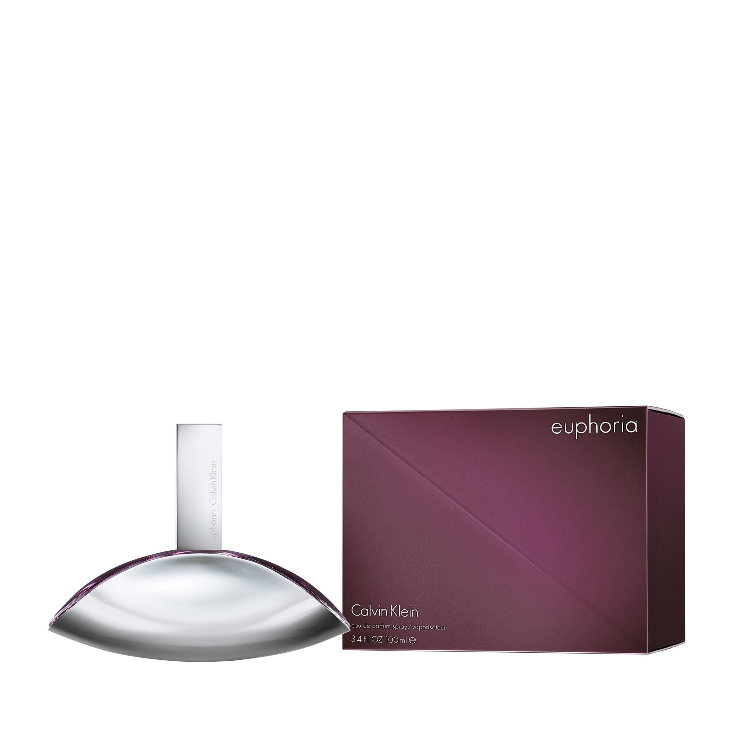 Calvin Klein Euphoria perfume for women with silver bottle and purple packaging box