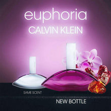 Fuchsia glass perfume bottle with white cap and “euphoria” branding