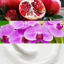 Pomegranate and purple orchid with soft white cream swirl scent-note collage