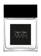 Glass eau de toilette bottle with Calvin Klein MAN label and dark cap