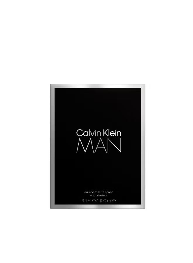 Calvin Klein Man Eau De Toilette 100ml fragrance bottle in sleek black packaging for a modern scent