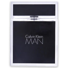 Calvin Klein Man eau de toilette spray box, dark label panel with silver top border