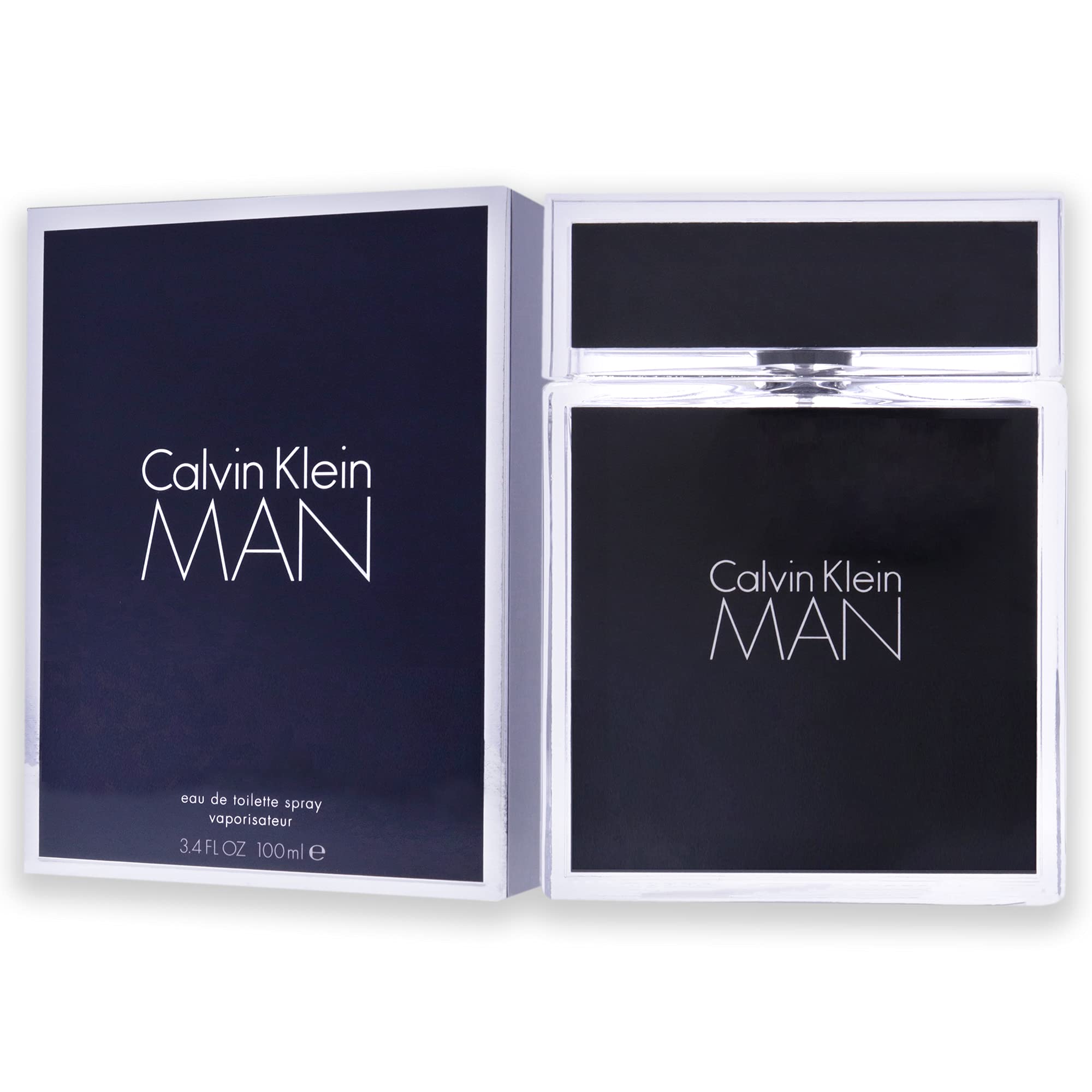 Calvin Klein Man perfume for men 3.4 fl oz eau de toilette spray with black and silver bottle and packaging