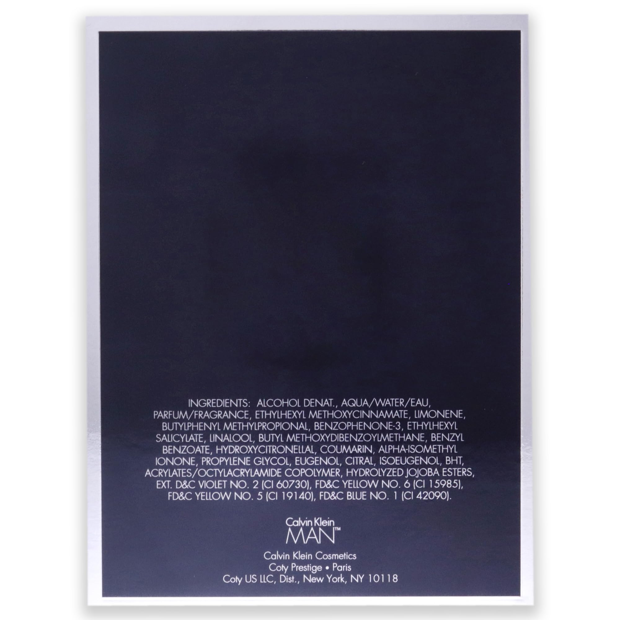 Calvin Klein Man perfume for men dark blue packaging with white text and ingredient details by Mumzar