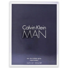 Calvin Klein Man eau de toilette spray box, dark navy panel with brand logo text
