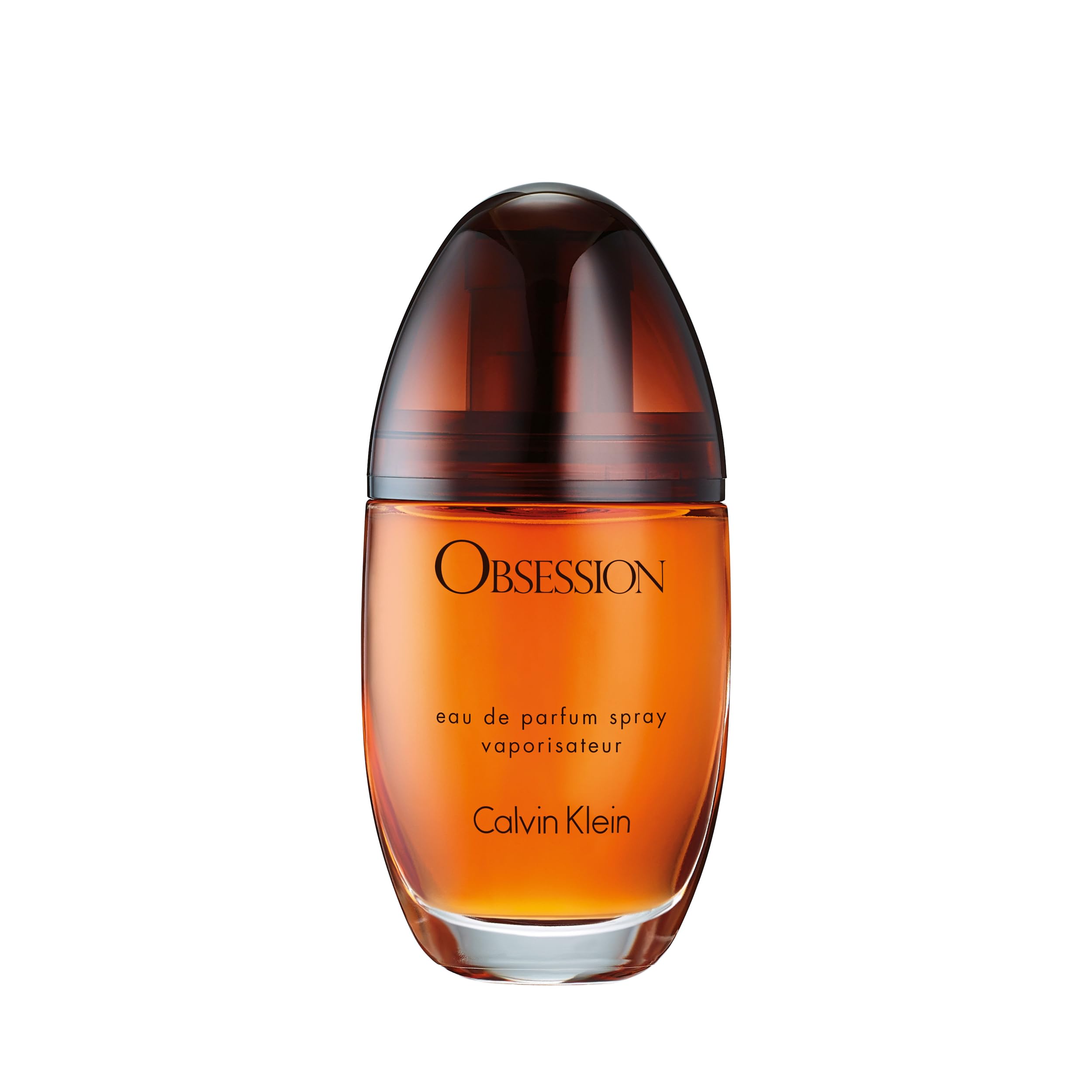 Calvin Klein Obsession perfume for women in an elegant bottle with a warm amber hue