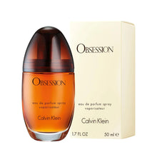 Calvin Klein Obsession Eau de Parfum bottle with matching cream box, amber liquid