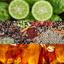 Fragrance ingredient display with lime slices, herbs, spices, and peppercorns