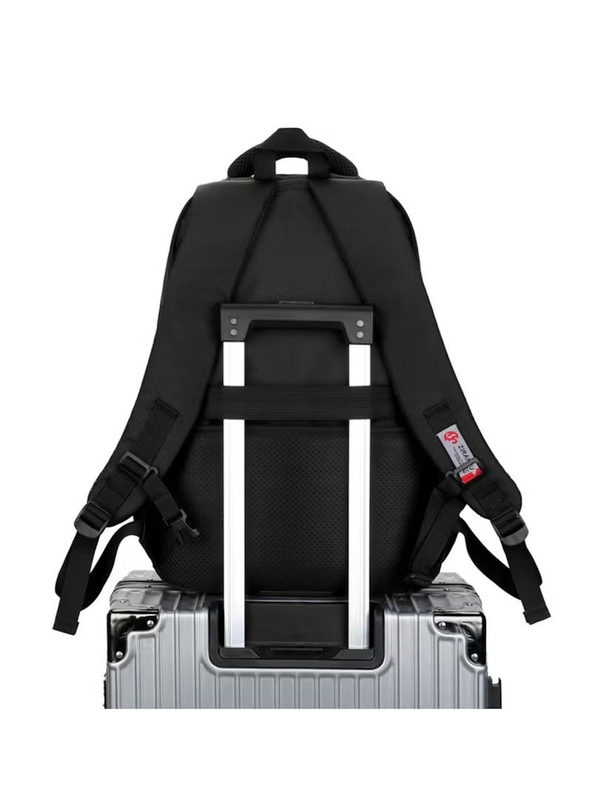 Black huitich camouflage school backpack for boys attached to silver luggage handle with adjustable straps