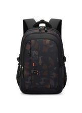 Camouflage school backpack with front zip compartment, dark gray camo panel