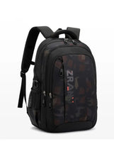 Camouflage school backpack with adjustable straps and front zip pocket, dark gray camo