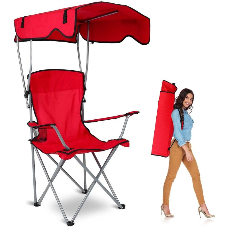 Camp Chair with Shade Canopy, Folding Chair with Cup Holder Outdoor Support 330 LBS (Red) - Mumzar.com