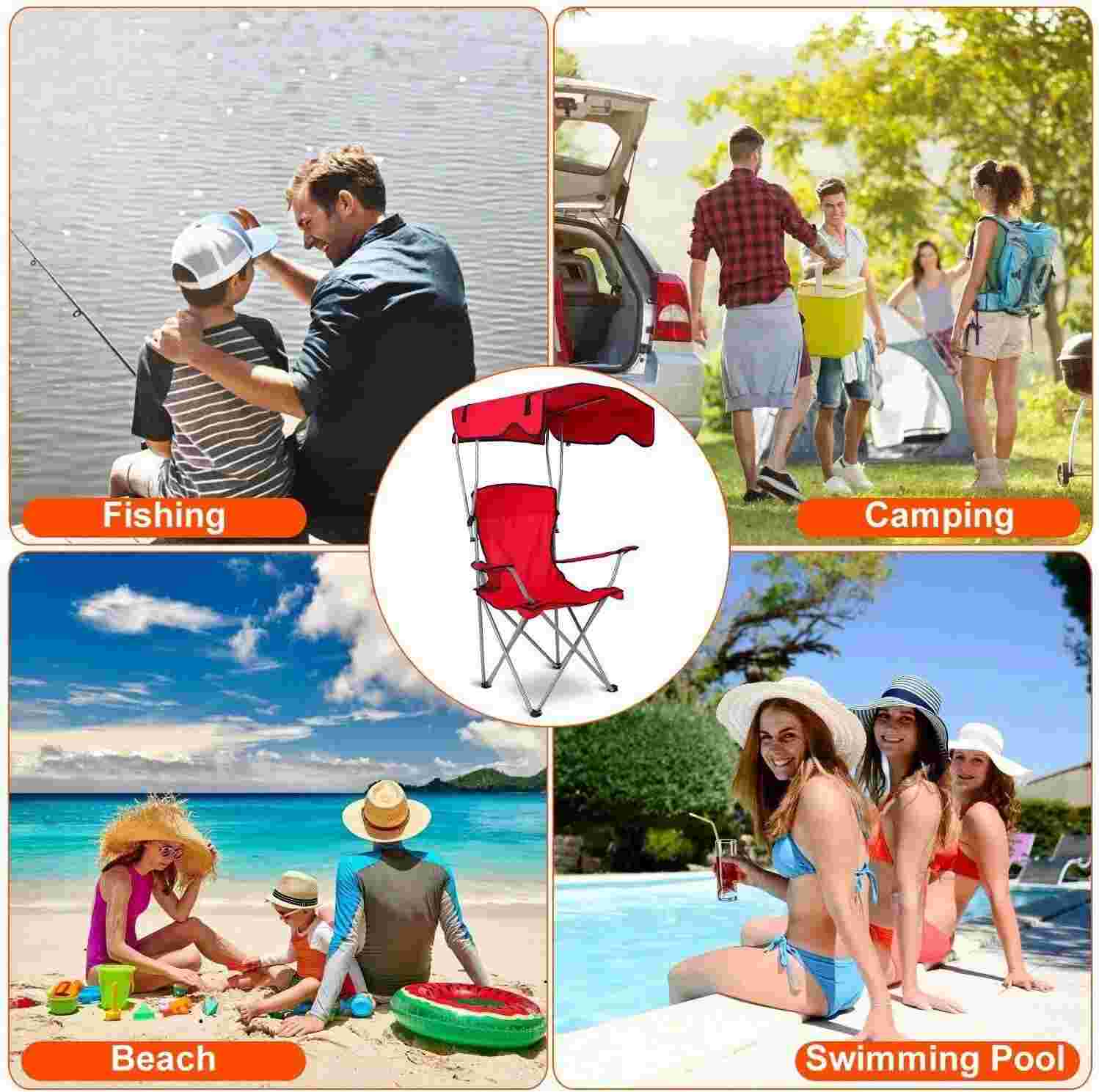 Huitich camp chair with shade canopy in red used for fishing camping beach and swimming pool outdoor activities