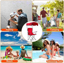Red portable camp chair with folding legs and shade canopy