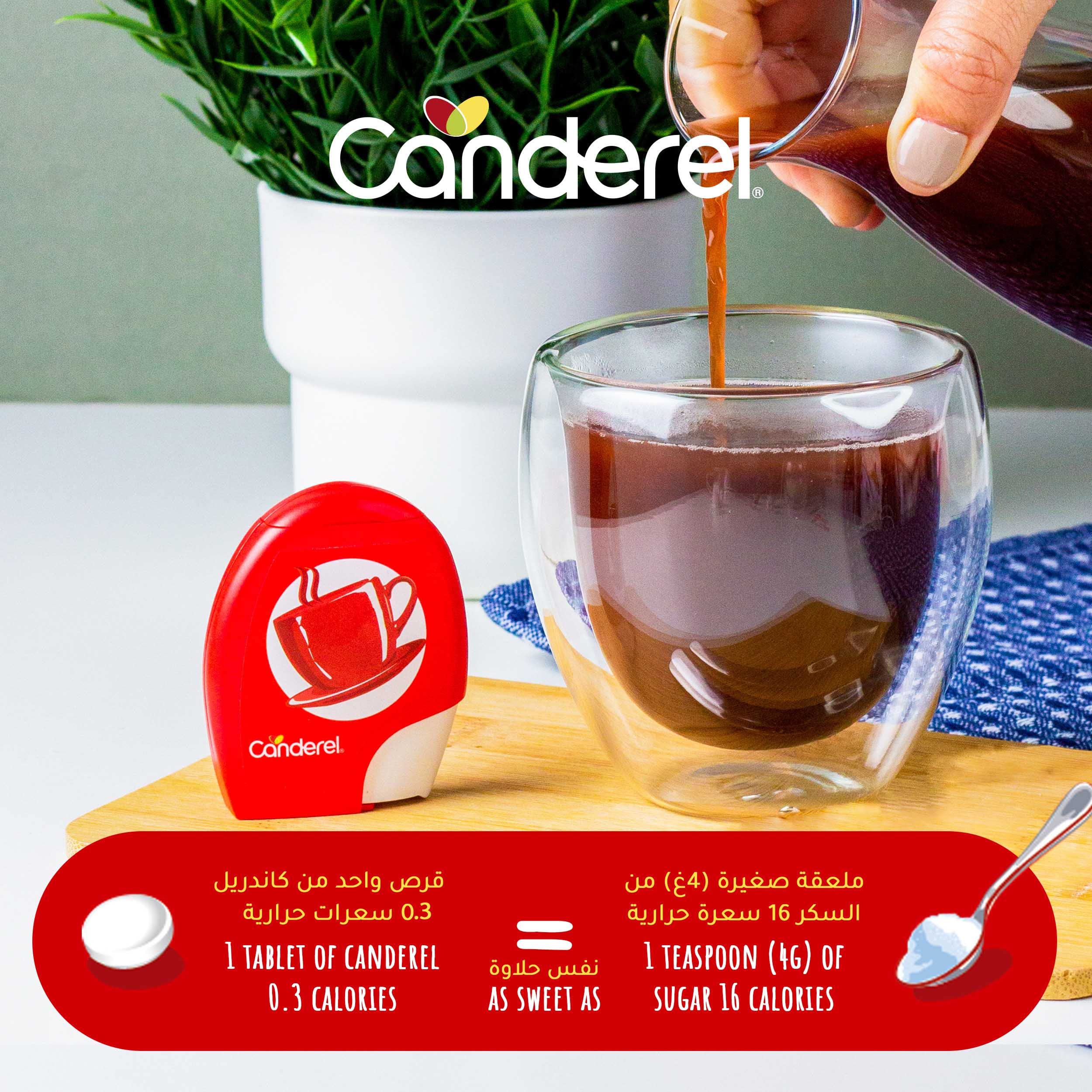 Canderel sweetener tablets 100 pack red dispenser beside glass cup of coffee being poured on kitchen counter