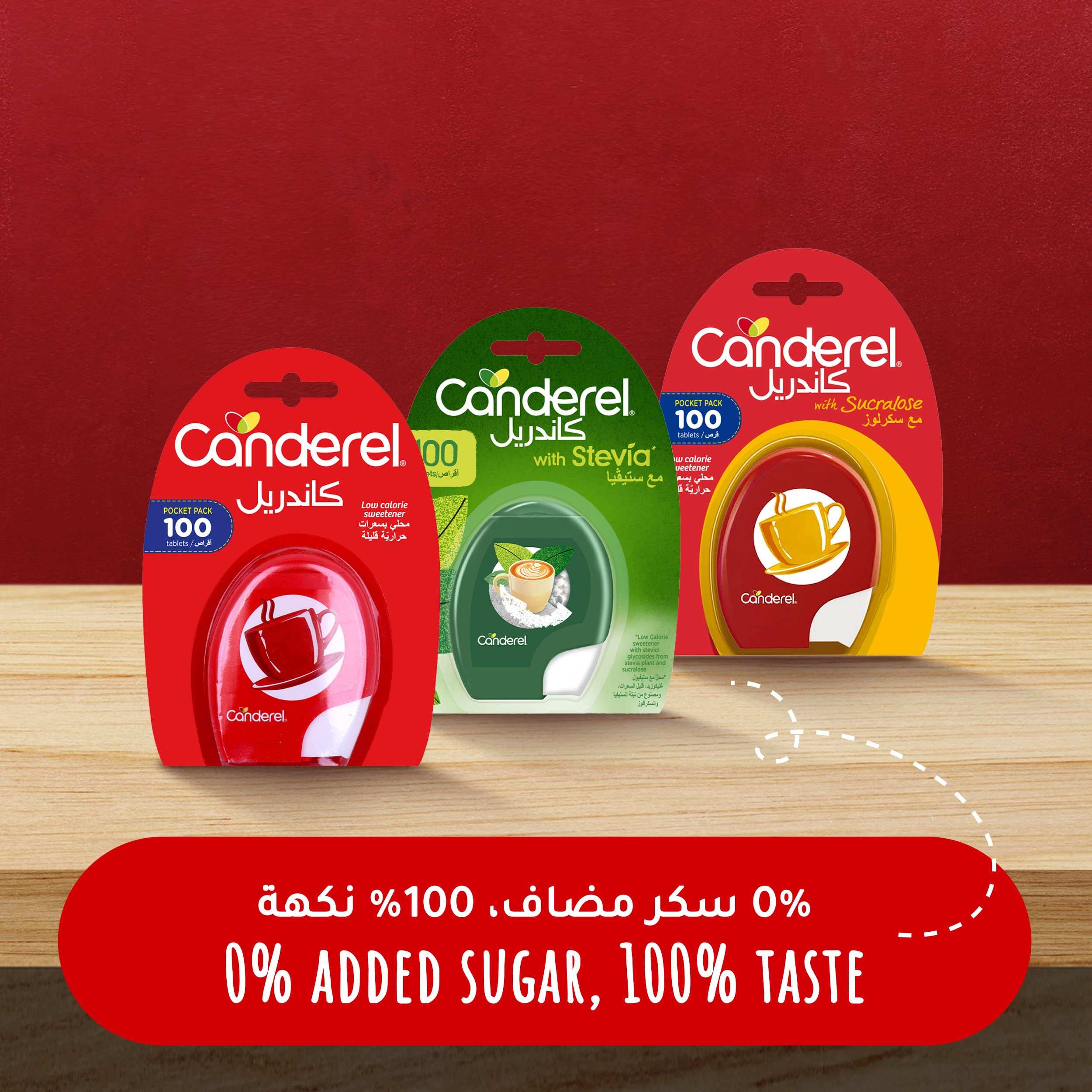 Three Canderel packets including stevia and classic tablets with 0 added sugar banner Canderel sweetener tablets 100 pack