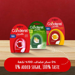 Three Canderel packets including stevia and classic tablets with 0 added sugar banner Canderel sweetener tablets 100 pack