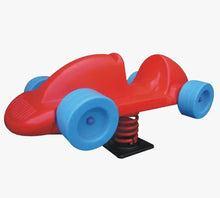 Car-shaped kids rocking chair with red body, blue wheels, and black spring base.