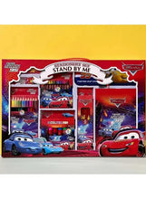 Kids car stationery set box, red and blue design with included small accessories
