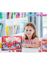 Kids car stationery set with pen and pencil packs, shown with children’s box set