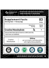 Creatine monohydrate supplement label with Supplement Facts table, 83 servings