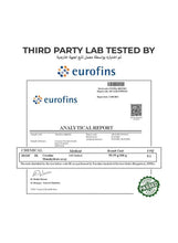 Creatine monohydrate analytical report document with eurofins logo and passed seal