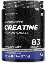 Creatine monohydrate supplement container, black label with 83 servings and unflavoured