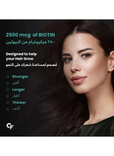 Biotin 2500 mcg dietary supplement panel with growth, stronger, longer, thicker