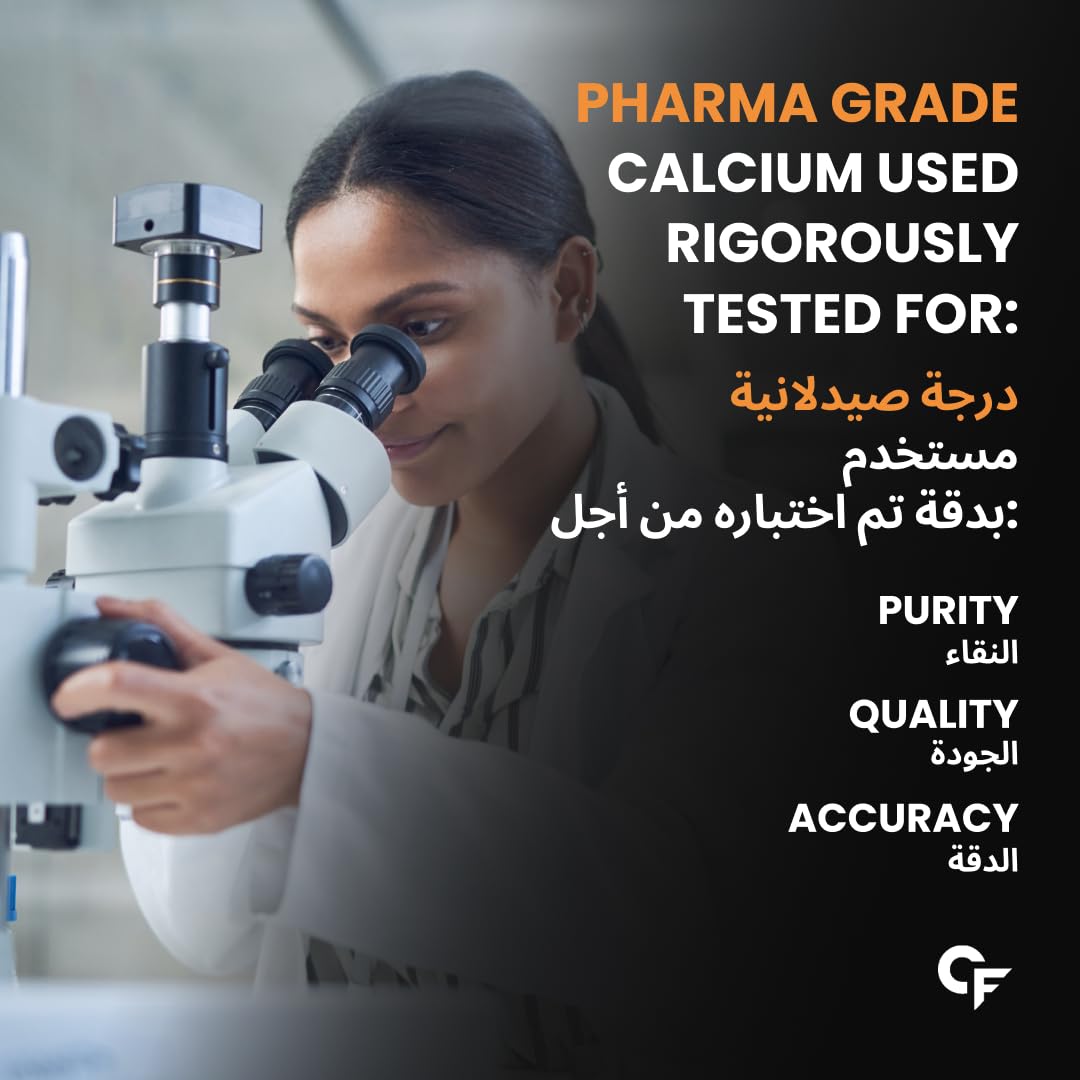 Carbamide Forte supplement image of scientist using microscope with pharma grade testing label for calcium and vitamin d3 tablets