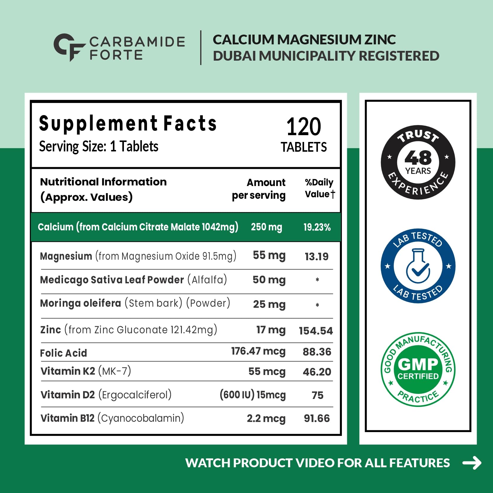 Carbamide Forte supplement facts label for calcium and vitamin d3 tablets 120 tablets with calcium magnesium zinc