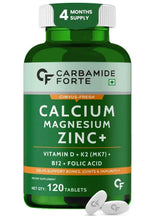 Calcium, magnesium, zinc supplement bottle with 120 veggie tablets label