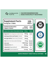 Supplement Facts label showing 120 tablets and calcium, magnesium, zinc amounts