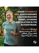 Supplement marketing panel highlighting added vitamin K2 (MK7) for calcium circulation