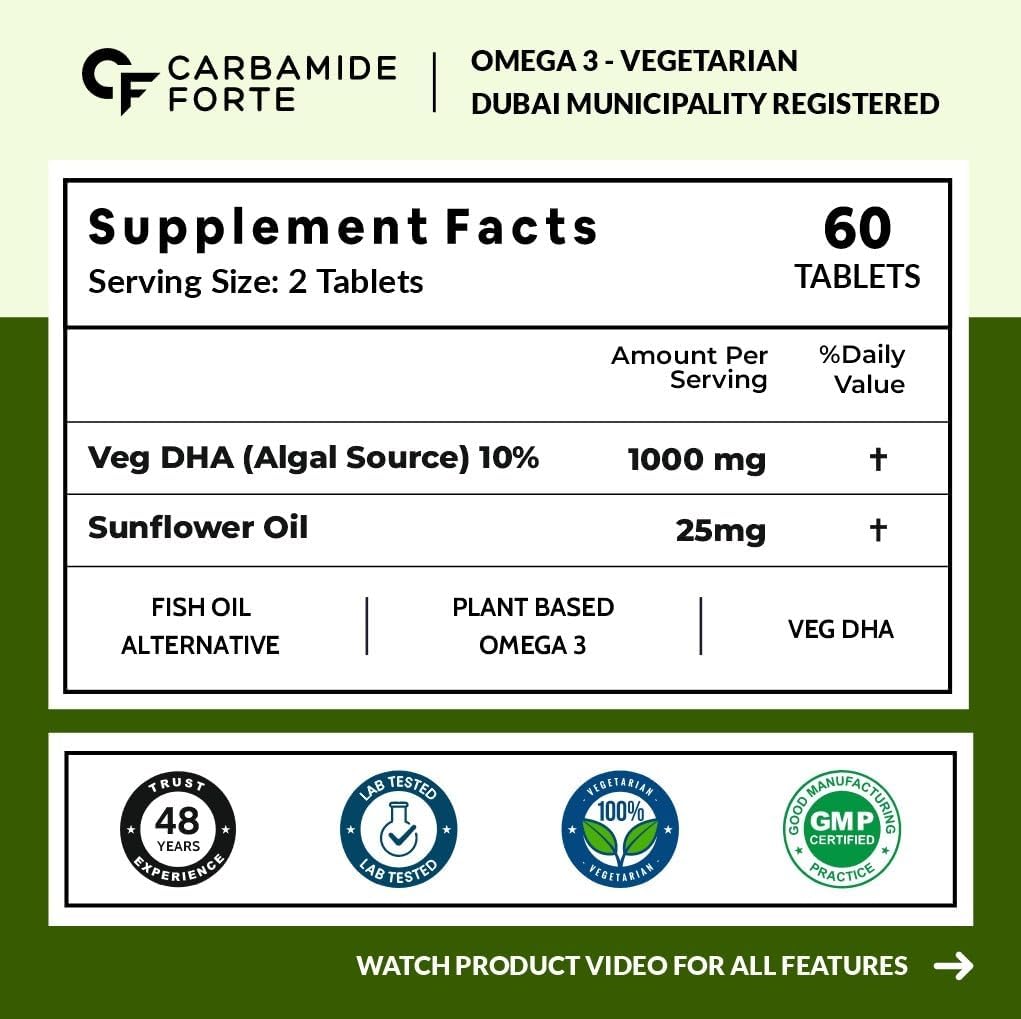 Carbamide Forte omega 3 for men and women supplement facts label showing 1000 mg veg DHA and 60 tablets