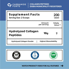 Carbamide Forte supplement facts label showing hydrolyzed collagen powder 10g per serving 200 gram container
