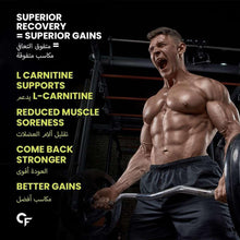 L-carnitine supplement ad with muscular man and text about reduced muscle soreness