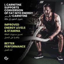L-carnitine supplement ad with man training and text about energy and stamina