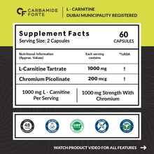 Supplement facts panel listing L-carnitine L-tartrate 1000 mg and chromium picolinate