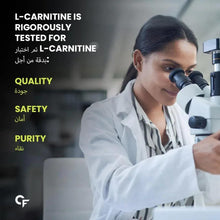 L-carnitine supplement quality ad with scientist in lab coat at a microscope