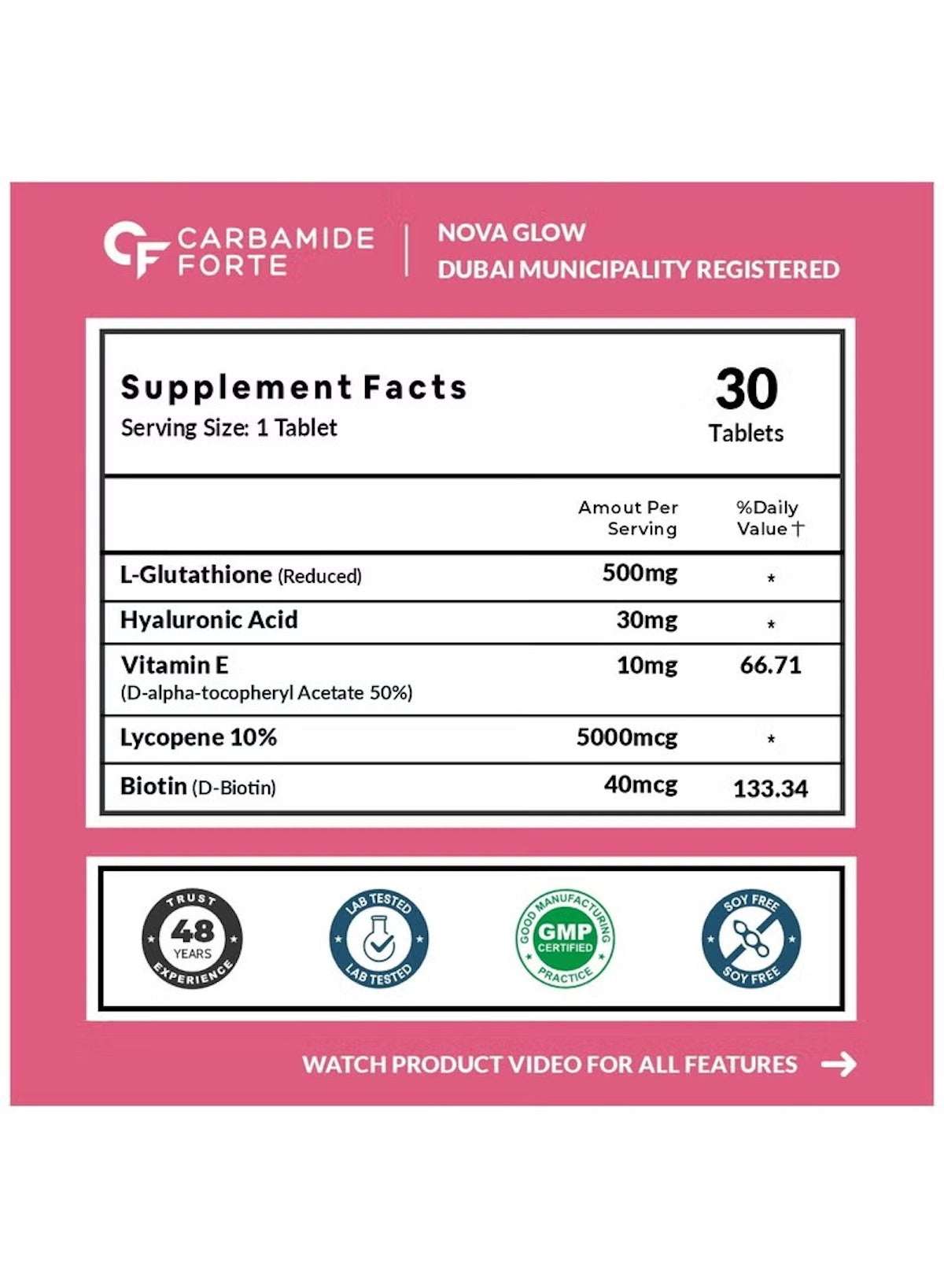 CARBAMIDE FORTE L Glutathione tablets for skin health nutritional facts with key ingredients and dosage