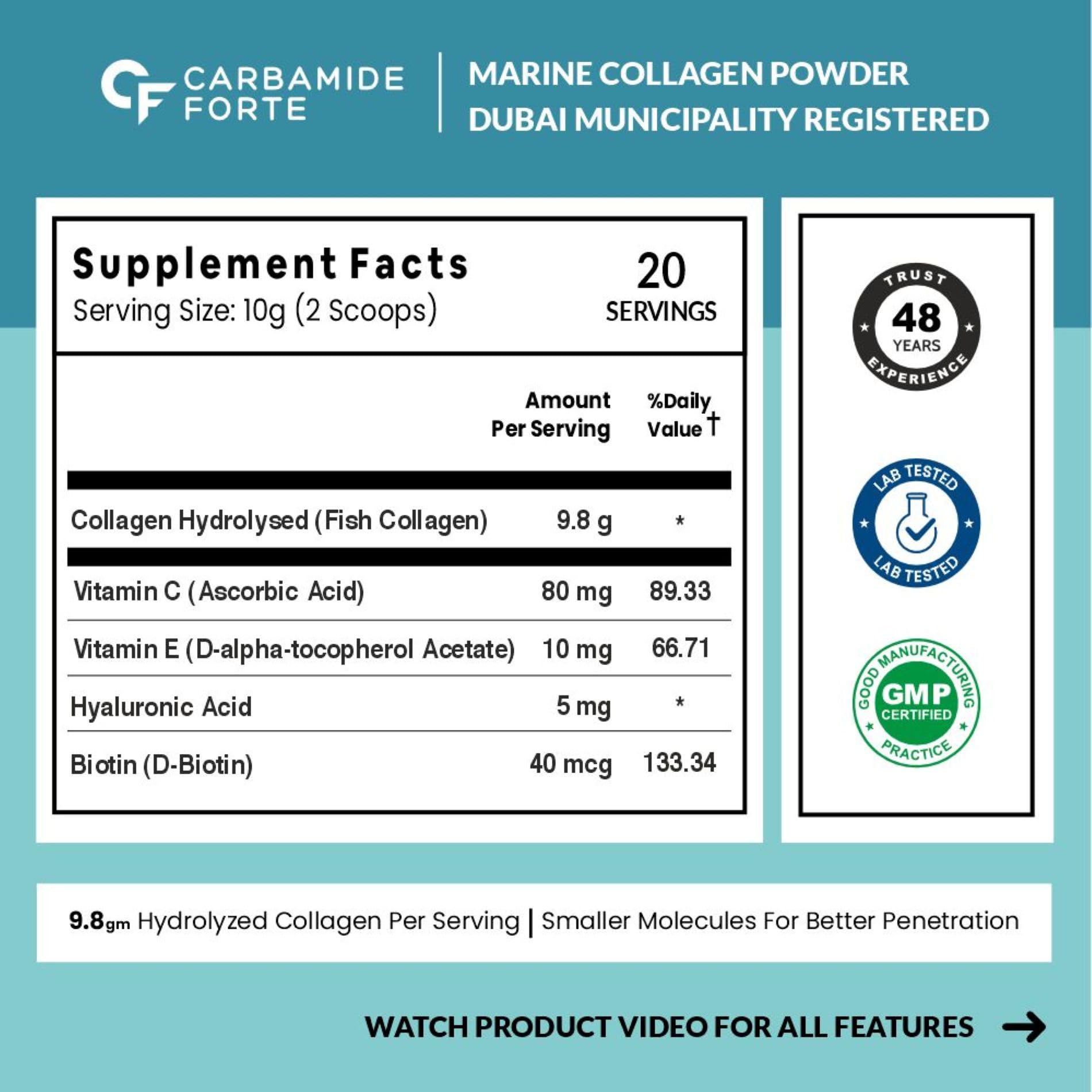 Carbamide Forte supplement facts label showing hydrolyzed fish collagen 9.8 g and vitamins for marine collagen powder for skin