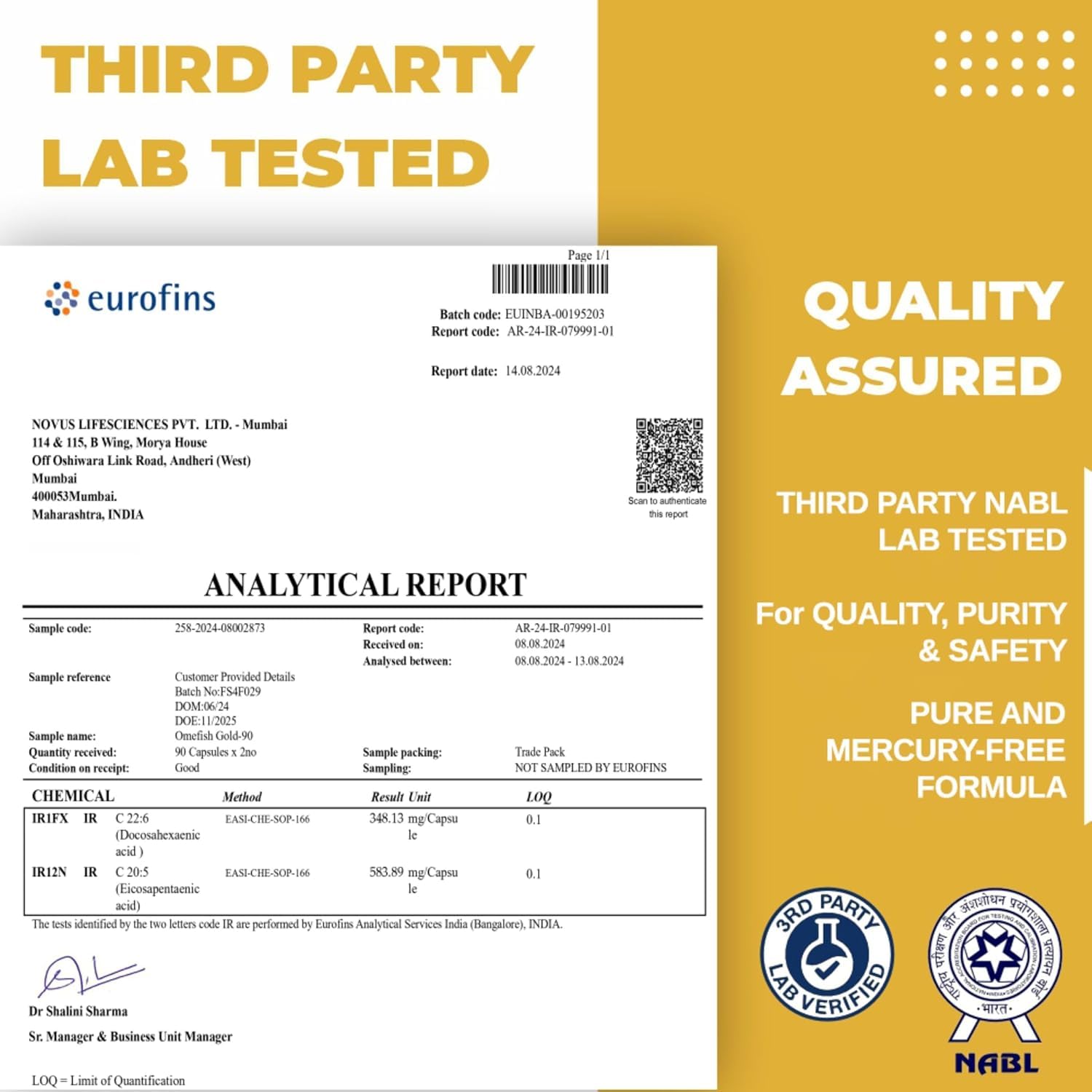 Carbamide Forte omega 3 fish oil capsules third party lab tested certificate showing quality and purity assurance