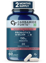 Carbamide Forte probiotic supplement bottle with white capsules and blue label