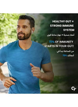 Carbamide Forte probiotics marketing image with a man giving a thumbs-up outdoors