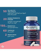Carbamide Forte probiotic supplement bottle with front product text on blue background